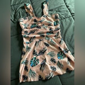 Light Pink and Tropical Floral Swim Dress with ruffle waist — XL